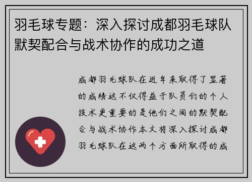 羽毛球专题：深入探讨成都羽毛球队默契配合与战术协作的成功之道